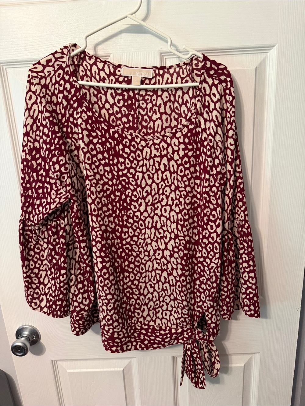 Michael Kors Burgundy and Cream Animal Print Tie-Hem Blouse